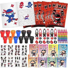 Cinrobiye 72 PCS Ninja Coloring Books Party Favors Set Ninja Party Favors Goodie Bag Samurai Birthday Party Supplies DIY Scene Stickers Temporary Tattoos Prizes Art Crafts for Home Classroom