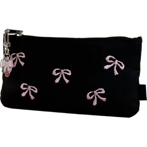 Black Bow Embroidery Pencil Case Pouch Organizer with Pins and Accessoriesm-Minimalist Large Capacity for Adults (Black+1 bow pendant)