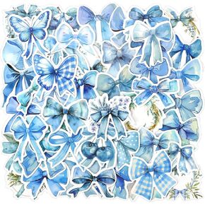 50pcs Coquette Blue Bow Stickers, Vintage Aesthetic Cute Decals Vinyl Waterproof Girly Label for Water Bottles Laptop Phones Scrapbook Journals Gift Crafts
