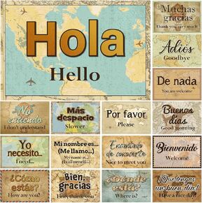 Kosiz 16 Pcs Spanish Classroom Language Posters Spanish Words and Phrases Poster Set Latin American Learning Materials for Primary Middle High School Classroom Decorations, 12 x 8 Inch
