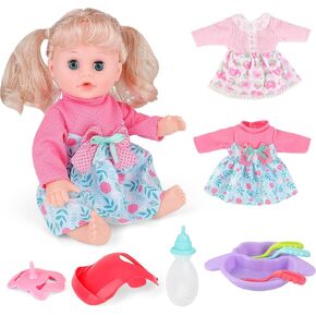 deAO 13 Inch Baby Doll with Long Hair, Baby Doll Playset with Clothes and Accessories, Pretend Role Play Set for Kids, Includes 2 Outfits & 7 Accessories, Gift for 3+ Year Old Girls