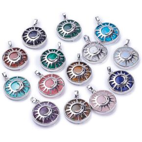 Beadthoven 10pcs Tree Of Life Charms Pendants Mixed Natural Gemstone Pendants Platinum Round Healing Energy Stone Crystal Chakra Charms for DIY Necklaces Jewelry Making Accessories