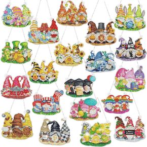 Chunful 20 Pcs Seasonal Diamond Art Wreath Kits Holidays 4th of July Summer 5d Diamond Art Painting Hanging Signs Ornaments for Adults Office Home Decorations Holiday Decor(Gnome)