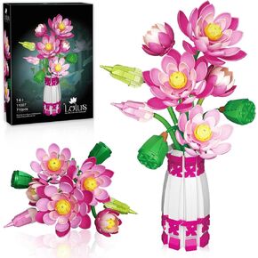 Lotus Flowers Botanical Building Set with Vase, Compatible with Lego Flowers Botanicals Collection, Pink Artifcial Flower Bouquet with Vase for Indoor Outdoor, 710 PCS