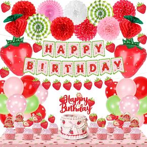 Strawberry Birthday Decorations for Girls Berry Shortcake Party Decorations with Paper Pompoms, Fans, Balloons, Banner, Cake Topper Retro Strawberry Party Decor for Kids & Women