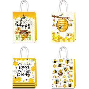 Lyosehy 24PCS Honey Bee Day Party Favors Bee Paper Bags Bee Goodie Bags Bulk with Handle Bumble BeeTreat Candy Paper Favors for Bee Theme Birthday Baby Shower Party Supplies