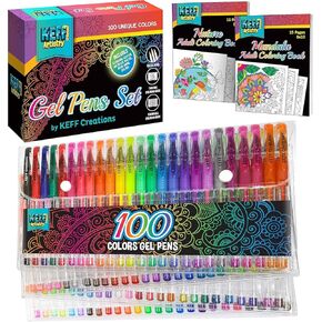 KEFF Gel Pens with Fine Point (0.88mm) - 100 Gel Pens for Coloring, Doodling, Journaling & Drawing - Gel Pen Set with 2 Coloring Books & Color Guide Set - Glitter Gel Pens for Adults & Kids