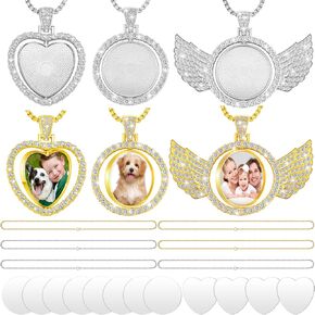 Junkin 24 Pcs Sublimation Rhinestone Trays Pendant Set, Including 6 Double Sided Blank Rhinestone Bezel Trays, 6 Pcs Thick Chains with 12 Sublimation Discs for Making
