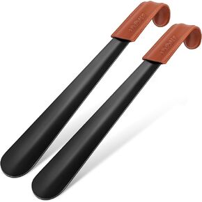 NINEMAX Shoe Horn Long Handle for Seniors - 16.5" Metal Boot Horn with Leather Handle for Men and Women (Pack of 2)