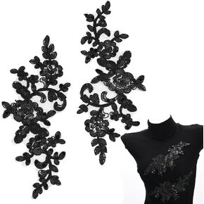 4Pcs Flower Lace Appliques Black Embroidery Flowers Sequin Patches Polyester Decorative Floral Appliques Dress Gown Sewing Decorations for Fabric DIY Crafting 9.45x3.94x0.06 inch