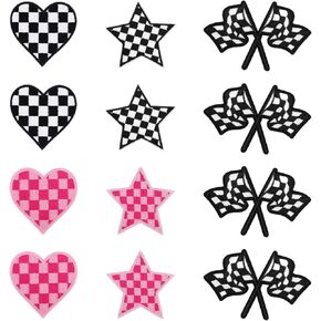 12pcs Checkered Embroidered Patch, Checkered Heart Sew Patches Checkered Flag Appliques Checkered Star Iron on Patch Racing Sewing Patches for Clothes Dress Hat Jeans