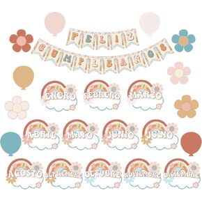 Groovy Spanish Happy Birthday Bulletin Board Set Back to School Classroom Decor Retro Spanish Birthday Chart Poster Calendar Feliz Cumpleaños First Day of School Teaching Supplies(Groovy)