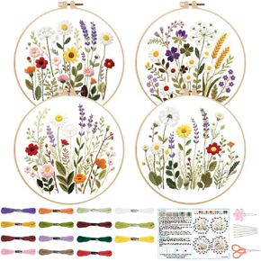 ACRNIGHEET 4PCS Embroidery Kit for Beginners Flowers Embroidery Starter Kit with Instructions, Including 4 Stamped Embroidery Cloth, Various Accessories, Handmade Gifts