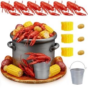 13 Pcs Crawfish Boil Party Supplies Fake Crawfish Party Decorations Lobster Cake Toppers Plastic Crayfish Potato Corn Metal Pail for Lobster Theme Birthday Festival Potluck