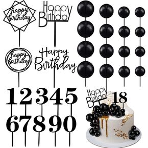 Yulejo 38 Pieces Ball Cake Decorations Set, Acrylic Happy Birthday Cupcake Picks Number 0-9 Toothpicks Ball Shaped Insert Toppers for Holiday Halloween Anniversary Party Favors Supplies (Black)