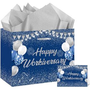 Blue Silver Workiversary Anniversary Party Gift Bag with Tissue Papers and Card, work Anniversary Paper Gift Wrapping Paper Bag11.8'' for Men Women Anniversary Party, Onboarding Party Supplies