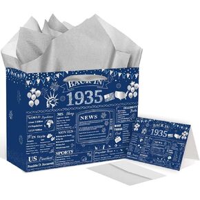 90th Birthday Gift Bag Set - Vintage 1935 Theme Party Decorations with Greeting Card, Tissue Paper & Envelope - Elegant Blue Silver 90 Year Old Milestone Celebration Gift for Women & Men