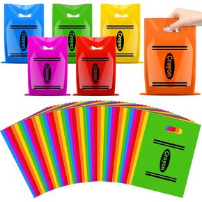 AKAIXI 48 Pcs Crayon Plastic Bags, 8 x 10.6 In Reusable Treat Bag Party Favor Bags with Handle Crayon Candy Bags for Party Favors Back to School Graduation Gift Bag