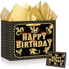 Yomaiha Dragon Birthday Gift Bag with Tissue Paper and Greeting Card Black Gold Dragon Birthday Wrapping Paper Party Favors Goodie Bag for Boys Girls Party Supplies 11.8 x 9.4 x 5.3 inches