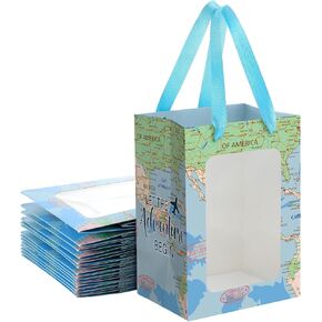 Sweetude 12 Pcs Let the Adventure Begin Themed Party Favor Bags Travel Adventure Gift Bags with Handle and Clear Windows World Map Paper Gifts for Birthday Camping Weeding Party Decorations