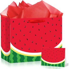 Yomaiha Summer Watermelon Birthday Gift Bag Watermelon Party Treat Goodie Bag One in A Melon Wrapping Paper with Tissue Paper Greeting Card for Summer Birthday Party Decoration Supplies