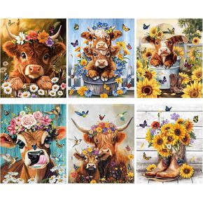 Saillong 6 Pcs Highland Cow Diamond Painting, Cow 5D DIY Diamond Painting Art Kits for Adults Beginners Round Gem Art Paint for Home Wall Decor Crafts Gift, 12 x 10 Inches
