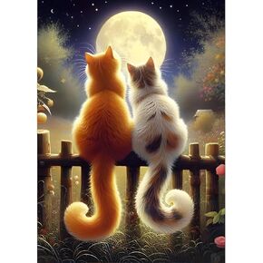 GDYEEH DIY 5D Kittens Diamond Art Kits, Moon Full Round Drill Sparkling Cat Diamond Painting Picture, Lovers Diamond Painting Art Kits Craft for Adults Beginners, Home Wall Decor 12x16inch
