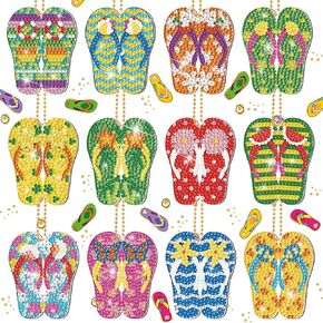 Sasylvia 12 Pcs Summer Slipper Diamond Painting Keychains DIY Diamond Painting Kits Slippers Hanging Diamond Painting Ornaments Colorful Diamond Key Ring for Adult Home Party Decor