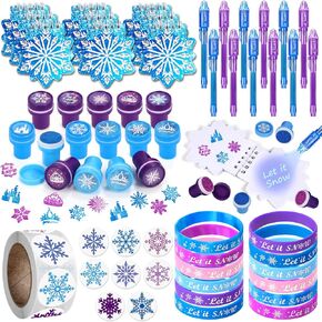 Winrayk Snowflake Party Favors Birthday Supplies, Invisible Ink Pen Mini Notebook Stamper Silicone Bracelet Sticker, Christmas Goodie Bag Stuffer Filler Kid Girls Winter Wonderland Snow Birthday Decor