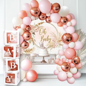 Vidal Crafts 136 PCs Boho Pink Baby Shower Decorations for Girl - Girl Baby Shower Decorations Set with Oh Baby Sign for Backdrop, Balloon Garland & BABY Balloon Boxes for an Unforgettable Celebration