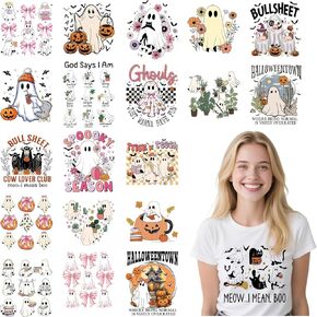 Halloween DTF Transfers Ready to Press - Joybileefun 20 Sheets Cute Ghost Pumpkin Iron On Transfers for T Shirts Pink Bow Halloween Cow Heat Transfer Iron on Patches for Clothes Bag Pillow Covers DIY
