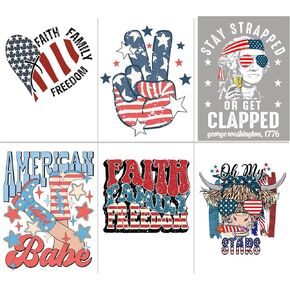 6 Sheets Patriotic Iron on Patches Heat Transfers Decals for 4th of July Independence Day, 10x10 inch DIY Craft Decor DTF Transfers Ready to Press for T-Shirt Clothes Pillow Cover