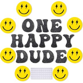 20 Pcs One Happy Dude Birthday Party Decorations Black Yellow Smile Face Cutouts One Happy Dude Wall Stickers Newborn Baby Shower Supplies for 1st Birthday Hippie Party Decor