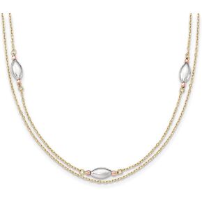 Solid 14K White Yellow And Rose Tri Color Gold Tri Color 2 Strand W/Puff Beads W/2 In Ext Necklace