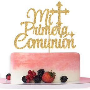 Mi Primera Comunión Cake Topper - First Holy Communion Cake Decor, God Bless This Child, Baby Shower, Wedding Baptism Christening Party Decorations Gold Glitter