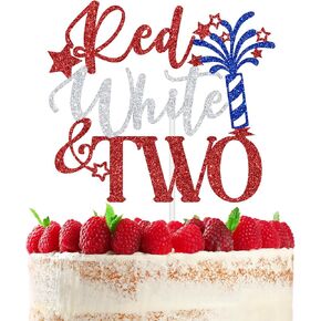 Red White & Two Cake Topper, 4th of July 2nd Birthday Cake Decor for Kids, Little Firecracker, Patriotic Independence Day Baby’s 2nd Birthday Baby Shower Party Decorations Supplies
