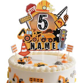 Coucoland Construction Personalized Cake Topper - 3D Dump Truck Crane Theme with Custom Name Age for Birthday Party Supplies