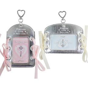2Pcs Photocard Holder Keychain,3 Inch Photo Card Holder Girls Ballet Style Ribbon Silver ID Badge Holder PU Leather Card Holder with Clear Window Protective Sleeves Card for Bag Pendant Decor