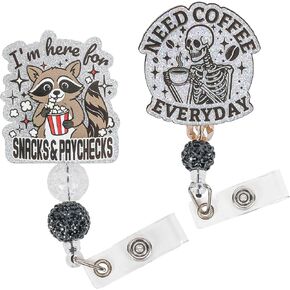Raccoon & Skeleton Badge Reel Retractable ID Name Holder Clip, Beaded Glitter Badge Reels for Nursing Nurse Teacher Student