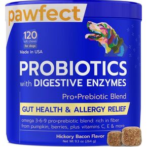 Probiotics for Dogs + Digestive Enzymes - Omega and Pumpkin - Gut Health and Immune Support -Relieves Diarrhea,Gas,Constipation- Made in USA - 120 Chews One Pack BBQ