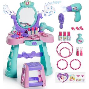 Lehoo Castle Kids Vanity Table and Chair Set with Mirror Light Music, Toddler Girls Makeup Table with Stool ＆ Hair Dryer, Pretend Play Princess Dress Up Vanity Set, Birthday Gifts for 3 Year Old Girl