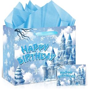 Large Frozen Birthday Gift Bag Blue Winter Castle Birthday Party Favor Bags with Greeting Card and Tissue Paper Frozen Snowflake Wrapping Paper Bags for Bday Christmas Winter Party Decorations