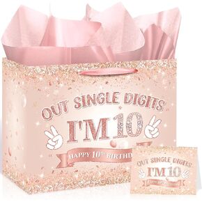 Large 10th Birthday Gift Bag for Girls Iridescent Double Digits 10 Gift Bag with 10th Birthday Wrapping Paper and Card Purple Happy Out Single Digits Party Decor for Girls Ten Year Old Bday