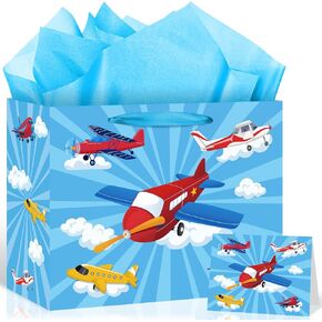 TagreSpike Large Airplane Party Favor Bag Cute Airplane Gift Bag with Tissue Paper and Card Planes Party Decorations for Kids Plane Wrapping Paper Goodie Candy Bags for First Birthday Decor Supplies
