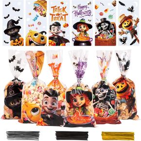 CCINEE 180pcs Halloween Cellophane Treat Bags, Plastic Clear Cookie Candy Bags Bulk with 210pcs Twist Ties Pumpkin Ghost Snack Bag for Halloween Trick Or Treat Party Favors