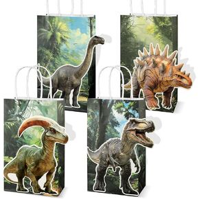 12Pcs Dinosaur Gift Party Favor Bags Dinosaur Paper Goodie Bag Tropical Jungle Party Candy Treat Bag with Handles for Kids Wild Dinosaur Birthday Baby Shower Party Favor Decorations Supplies
