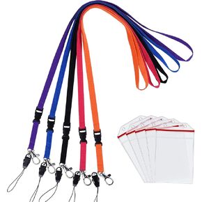 Lanyard Badge Holder, Wisdompro School Supply Vertical Clear PVC Heavy Duty Ziplock Vinyl ID Badge Holder with 23 Inch Adjustable Polyester Detachable Neck Lanyard Strap for College, 5 Sets - Black