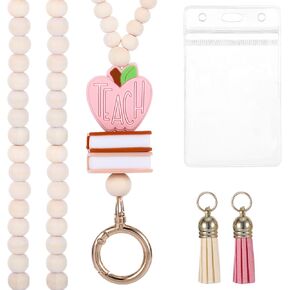 2025 Teacher Lanyard with ID Holder,Fashion Breakaway Teacher Lanyards for Women,Cute Boho Lanyard for Teachers,Natural Wooden Beaded Lanyard for ID Badges Keys Gifts for Teachers