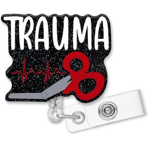 Retractable Trauma Badge Reel with Alligator Clip, Funny Black Glitter Scissors Badge Holder Gift for Doctors Nurses ER Medical Trauma Nurse Emergency EMT RN