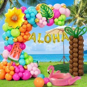DBKL Tropical Balloon Arch Arch Kit ، 178pcs Hawaiian Luau Party Decorations ، Balloons Green Hot Pink Orange مع Palm Tree Aloha Ploons Foil Pallons for Summer Pool Beach Supplies